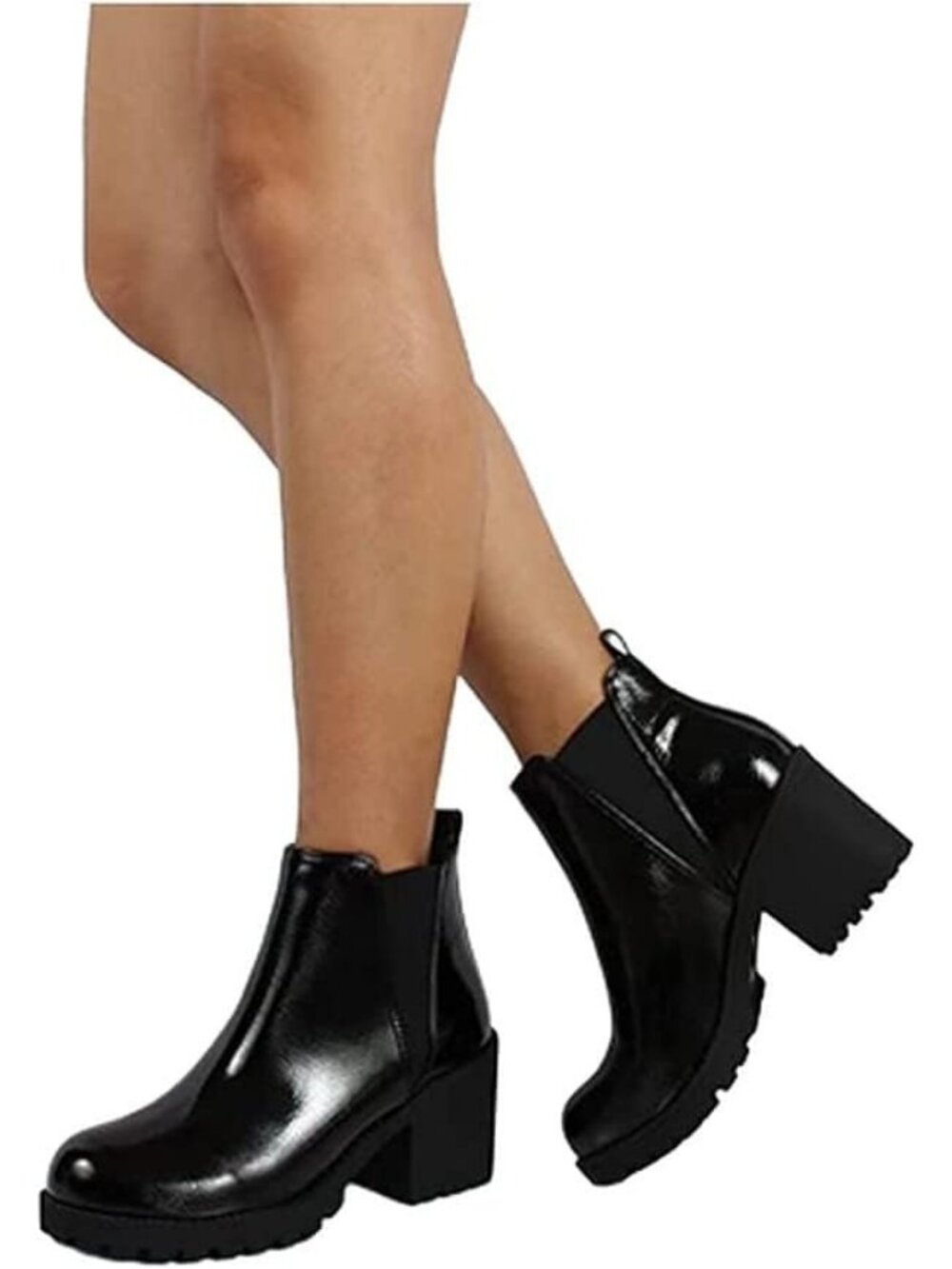 Women's Black Pat Origami Lug Sole Mid Heel Ankle Bootie Double Elastic Boot - Picture 2 of 5